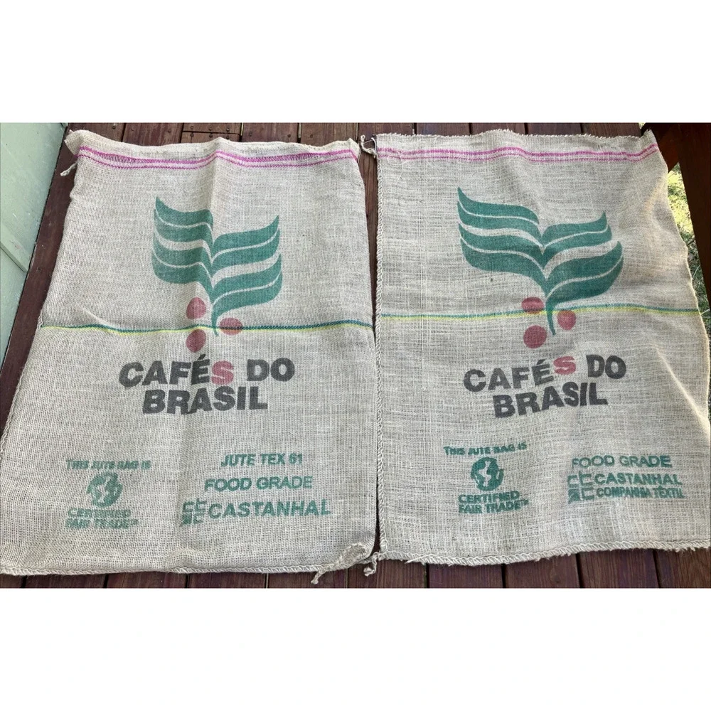 Pair Burlap Coffee Bags Brazil Print Natural Food Grade Jute Fabric Sacks 38X28